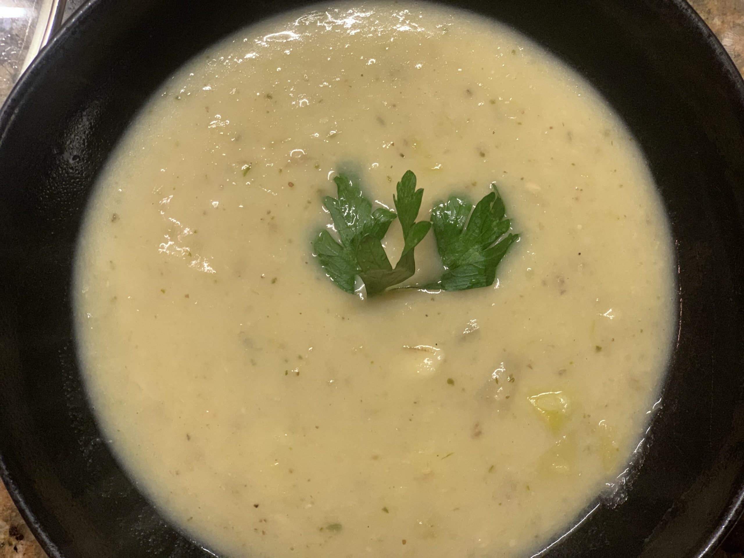 leak and potato soup with roasted garlic and preserved lemon